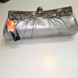 Silver Clutch Purse with Diamonds and optional Chain Strap NEW with Tag Gift